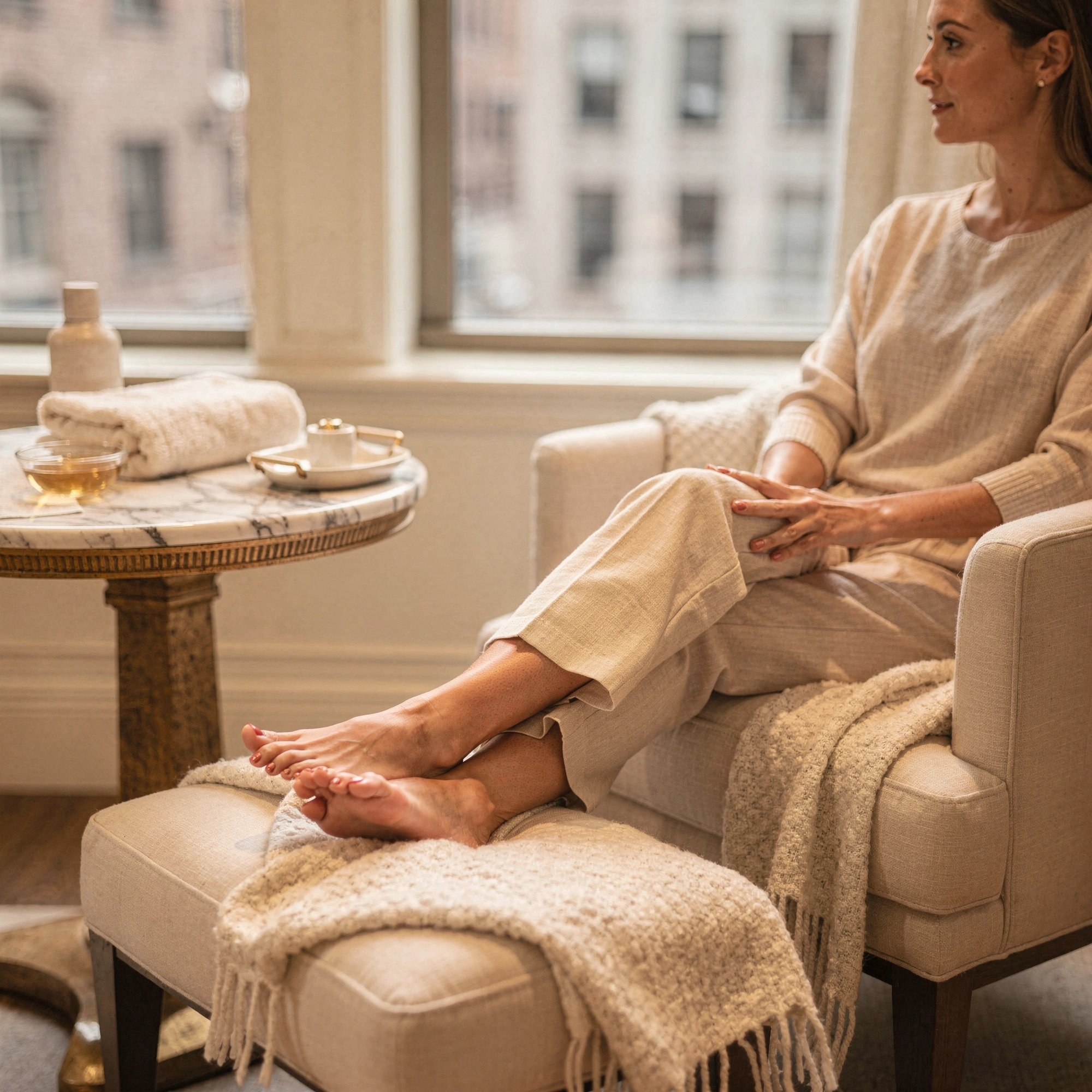 Woman relaxing on a cream-colored sofa with her feet elevated on an ottoman in a bright Manhattan apartment with city views